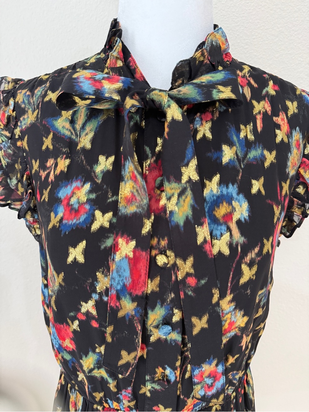 Derek Lam Black Floral Tie-Neck Ruffle Sleeve Dress